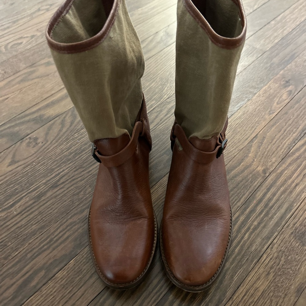 Frye MELISSA short Brown Leather and Tan Fabric Boots